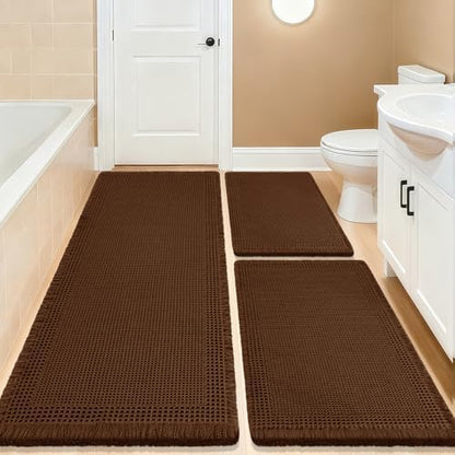 IM HOME Waffle Bath Mat Set 3 Piece, Boho Woven Modern Bath Rug Absorbent Non Slip, Soft Bathroom Mats, Machine Washable Knit Bath Rugs with Border for Bathroom, Bedroom, Kitchen, Shower, Tub, Brown