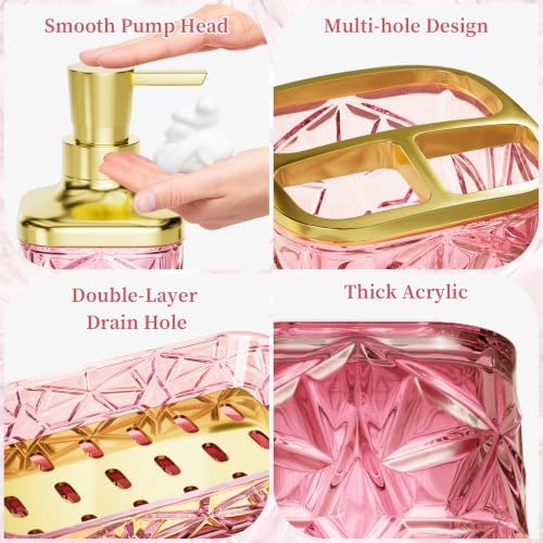 Pink Bathroom Accessories 7 Pcs, Pink Bathroom Set, Acrylic Soap Dispenser and Toothbrush Holder Set, Qtip Holder Set, Bathroom Sink Set, Gift for Home Apartment