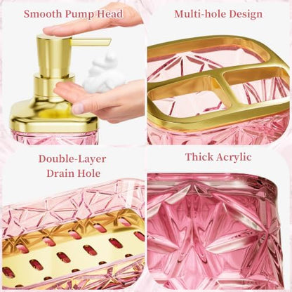 Pink Bathroom Accessories 7 Pcs, Pink Bathroom Set, Acrylic Soap Dispenser and Toothbrush Holder Set, Qtip Holder Set, Bathroom Sink Set, Gift for Home Apartment