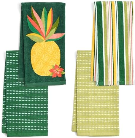 Ritz 4-Piece Kitchen Towel Set, Pineapple Hibiscus & Multi-Stripe Prints with Dark Pine & Lime Green Textured Terry, 100% Cotton & Absorbent Blend, 16" x 26", Tropical Island Kitchen Decor