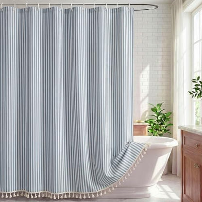 HunnmingRe Dusty Blue Farmhouse Striped Shower Curtain Tasseled 72x72 Inch