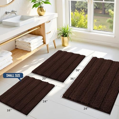 Grandaily Chenille Striped Bathroom Rugs 24x16, Extra Thick and Soft Absorbent Bath Mats, Rubber Backing, Plush Shaggy Shower Carpet, Machine Wash Dry, Bath Rug for Bathroom, Dark Brown
