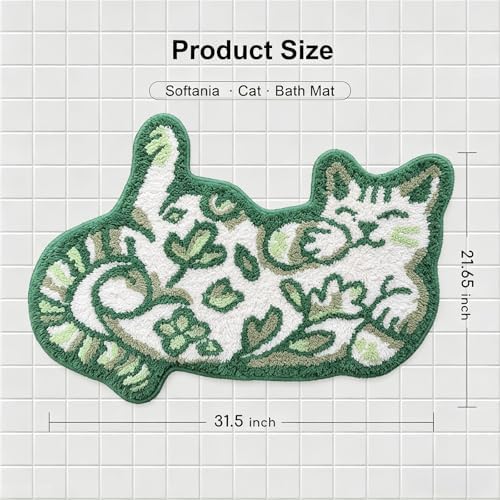 Cute Cat Bath Mat, Unique Green Small Fun Bathroom Rug