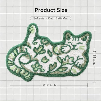 Cute Cat Bath Mat, Unique Green Small Fun Bathroom Rug