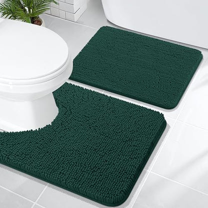 OLANLY Chenille Bathroom Rugs Sets 2 Piece, 24"x16"+24"x20", Blackish Green