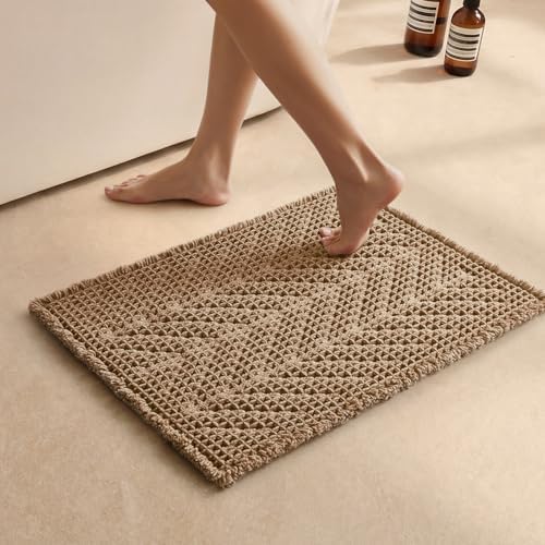 Sunfly Boho Bathroom Rug, Herringbone Waffle Bath Mat Non-Slip Washable Super Absorbent Quick Dry, Small Farmhouse Bath Mat for Bathroom Floor Decor 16"*24" Khaki
