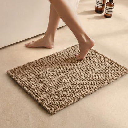 Sunfly Boho Bathroom Rug, Herringbone Waffle Bath Mat Non-Slip Washable Super Absorbent Quick Dry, Small Farmhouse Bath Mat for Bathroom Floor Decor 16"*24" Khaki