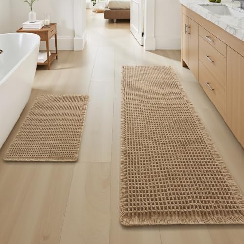 Upgraded Waffle Bath Mat Set of 2 Absorbent Bathroom Mat 17"x24" + 17"x48"