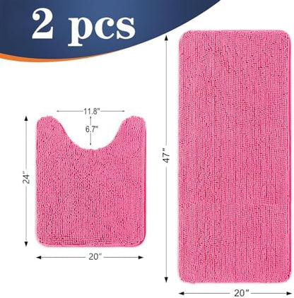 OLANLY Chenille Bathroom Rugs Mats Sets 2 Piece, 47"x20"+24"x20", Hot Pink