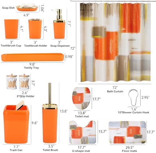 XLHOMO Bathroom Set - Orange Bathroom Accessories Set, Bathroom Sets with Shower Curtain and Rugs, Orange Shower Curtain Set with Bathroom Trash Can, Soap Dispenser, Soap Dish for Home Decor