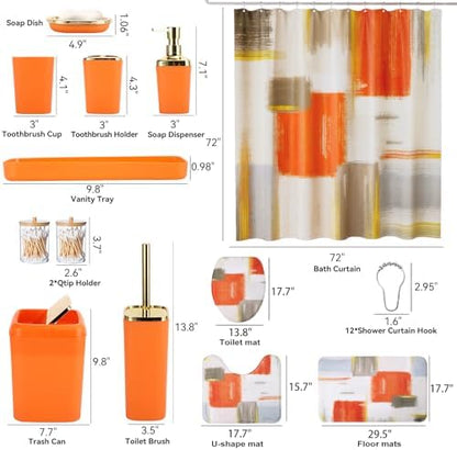 XLHOMO Bathroom Set - Orange Bathroom Accessories Set, Bathroom Sets with Shower Curtain and Rugs, Orange Shower Curtain Set with Bathroom Trash Can, Soap Dispenser, Soap Dish for Home Decor