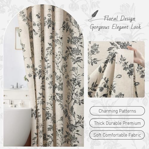 Black Floral Shower Curtain,Vintage Linen Beige Cottagecore Shower Curtains for Bathroom, 72" W x 78" L