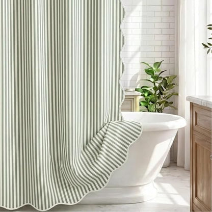 HunnmingRe Sage Green Farmhouse Striped Shower Curtain Scalloped 72x72''