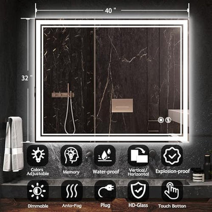 32 x 40'' LED Bathroom Mirror, Anti-Fog, Dimmable 3 Colors
