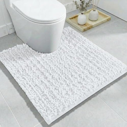 Disolla Toilet Rug 24x24 Inch - White U-Shaped Bathroom Floor Mat, Soft Shaggy Plush Absorbent Chenille Contour Rug, Non-Slip Washable Pedestal Base Rug