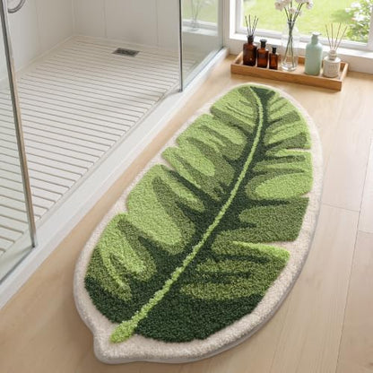 LUMI Cute Bathroom Rug Green Leaf, Absorbent Non Slip Bath Mat, 24"x48"