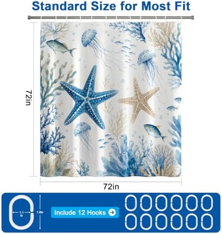 Ocean Style Navy Washable Shower Curtain with Weighted Bottom and 12 Hooks
