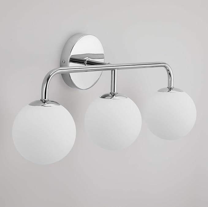 Chrome Vanity Lights, Mid Century Modern 3-Light Bathroom Lighting Fixture Over Mirror, Polished Wall Sconces With Frosted Milk Glass Shade