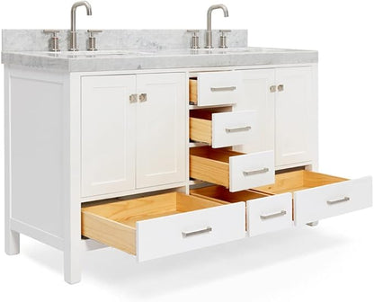 ARIEL Cambridge 60-inch Bathroom Vanity with Sink,Solid Wood, 2-inch Italian Carrara Marble Countertop, Double Rectangular Porcelain Sink, 2 Soft Closing Doors, 6 Dovetail Drawers, White
