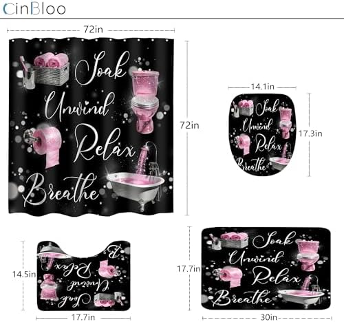 Pink Black Girls Girly Quotes 4Pcs Bathroom Shower Curtain Set with Rugs