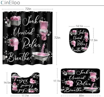 Pink Black Girls Girly Quotes 4Pcs Bathroom Shower Curtain Set with Rugs