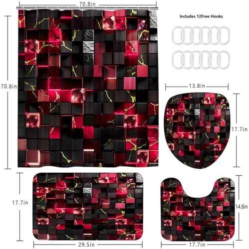 LQCOOL 4Pcs Black and Red Shower Curtain Set 3D Cubes Bathroom Sets Modern Shower Curtain Set for Bathroom Sets with Rugs and 12 Hooks
