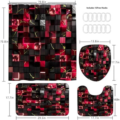 LQCOOL 4Pcs Black and Red Shower Curtain Set 3D Cubes Bathroom Sets Modern Shower Curtain Set for Bathroom Sets with Rugs and 12 Hooks