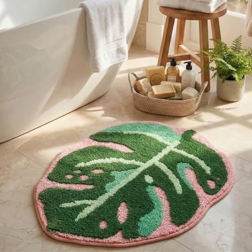 Large Monstera Bath Mat 31.5"X25",Cute Leaf Bathroom Rug,Non Slip Bath Mat