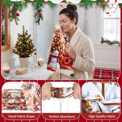 FuWeave 8 Pcs Christmas Shower Curtain Set for Bathroom Decor Include Vintage Steam Train Snowman Towels Christmas Non Slip Santa Cabin Rugs Toilet Lid Cover Xmas Bath Mat and 12 Hooks