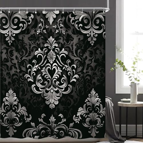 NBVKO 4Pcs Luxury Damascus White Flower Pattern Shower Curtain Set with 12 Hooks Non-Slip Rugs,Toilet Lid Cover and Bath Mat,Dark Gold Bathroom Decor for Hotel & Home Bathroom