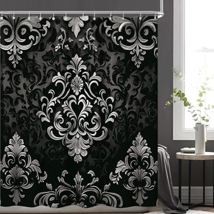 NBVKO 4Pcs Luxury Damascus White Flower Pattern Shower Curtain Set with 12 Hooks Non-Slip Rugs,Toilet Lid Cover and Bath Mat,Dark Gold Bathroom Decor for Hotel & Home Bathroom
