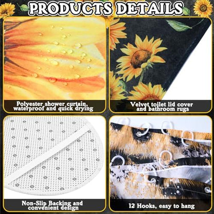 FuWeave 8 Pcs Highland Cow Shower Curtain Sets for Bathroom Sunflower Farm Cow Shower Curtain Sets Bathroom Accessories with Towels Carpet Bath Mat Toilet Rugs and 12 Hooks