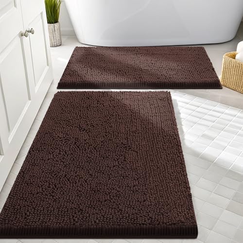 Smiry Chenille Bathroom Rugs Sets 2 Piece (30x20+24x16, Brown)