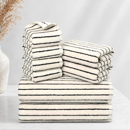 8 Pack Black and Ivory Bath Towel Set, Cotton Striped Bath Towels
