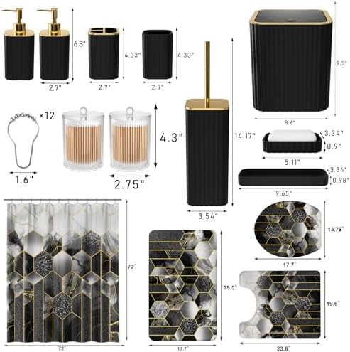 XLHOMO Bathroom Set - 26PC Bathroom Set with Shower Curtain and Rugs, Bathroom Accessory Set, Black Bathroom Accessories Set, Trash Can & Soap Dispenser