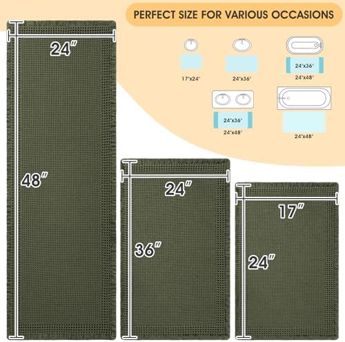 Waffle Bath Mat Set 3 Piece, Boho Woven Modern Bath Rug Absorbent Non Slip, Soft Bathroom Mats, Machine Washable Knit Bath Rugs with Border for Bathroom, Bedroom, Kitchen, Shower, Tub, Dark Green