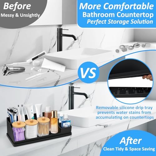 Bathroom Counter Organizer, Black Silicone Toothbrush Holders for Bathrooms Organizer Countertop with 3PCS Qtip Holder, Toothbrush and Toothpaste Holder for Bathroom Organization Storage Vanity