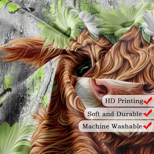 Farmhouse Flower Floral Shower Curtain, Rustic Funny Highland Cow Daisy Shower Curtain Set, Country Wild Garden Plant Fabric, Brown Wooden Board Bathroom Accessories Curtains with Hooks 54X72in
