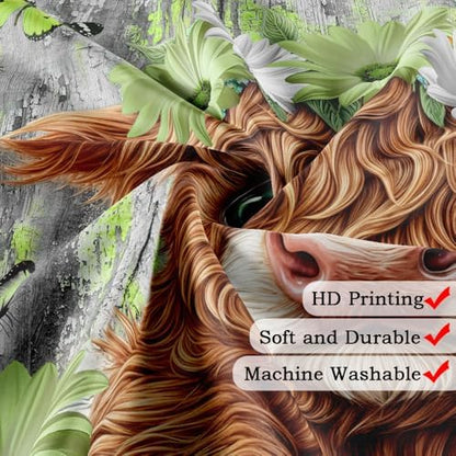Farmhouse Flower Floral Shower Curtain, Rustic Funny Highland Cow Daisy Shower Curtain Set, Country Wild Garden Plant Fabric, Brown Wooden Board Bathroom Accessories Curtains with Hooks 47X64in