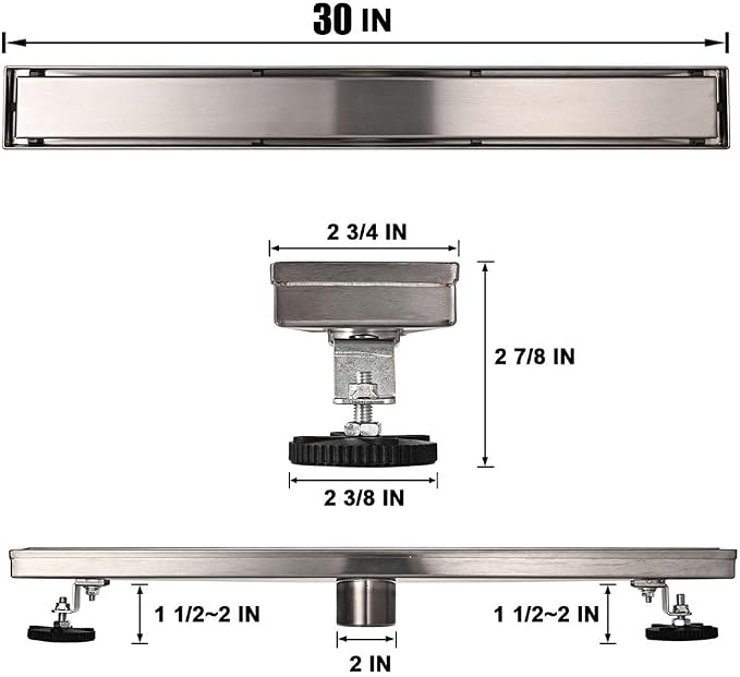Linear Shower Floor Drain, 30 Inch Brushed Nickel 304 Stainless Steel Bathroom Drains Kit, Rectangular Shower Trench Drain with Reversable Tile-in Pattern Drain Cover & Hair Catcher