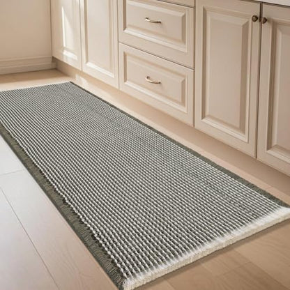 IM HOME Waffle Bath Mat Green & Cream 4'x2', Boho Woven Modern Bath Mat Rugs, Absorbent Non Slip Bathroom Rugs, Soft Washable Bath Rugs with Tassels for Bathroom, Bedroom, Kitchen, Shower, Tub