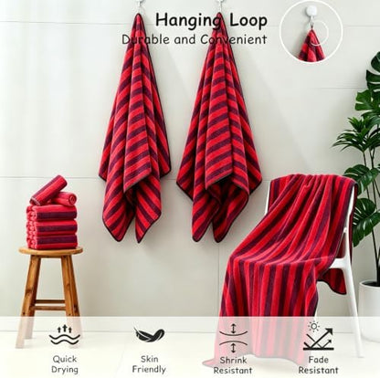 18 Pcs Red Black Cabana Stripe Bath Towel Set with Hanging Loop-6 Bath Towels,6 Hand Towels,6 Washcloths Family Towels Soft Microfiber Highly Absorbent Shower Towel for Bathroom Beach Spa Gym