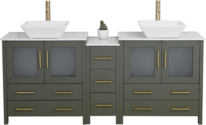Vanity Art 72 Inch Vessel Double Sink Bathroom Vanity Cabinet with 2 Mirrors, Engineered Marble Top Bathroom Cabinet Compact Set with 7 Dovetail Drawers and Soft Closing Doors, VA3130-72VG