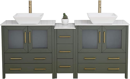 Vanity Art 72 Inch Vessel Double Sink Bathroom Vanity Cabinet with 2 Mirrors, Engineered Marble Top Bathroom Cabinet Compact Set with 7 Dovetail Drawers and Soft Closing Doors, VA3130-72VG