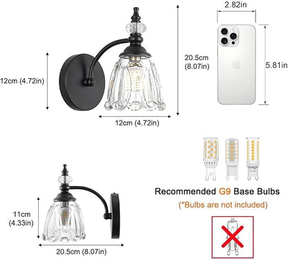 Vintage Black Wall Sconces Set of Two, Matte Black Bathroom Vanity Light Fixtures, G9 Bulbs Bathroom Sconces Set of 2, Glass Wall Lights for Bathroom, Bedroom, Hallway