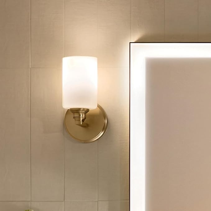 Kichler Gioe 5" 1-Light Wall Sconce with Opal Glass in Champagne Bronze, Damp Rated, for Powder Room, Bathroom, Kitchen, Hallway, Bedroom, Fireplace, (5" W x 9.5" H), 55224CPZ