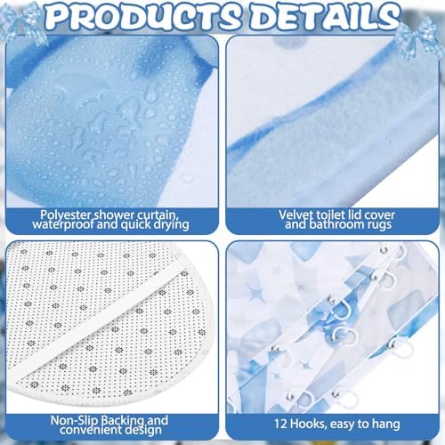 FuWeave 8 Pcs Blue Shower Curtain Set Coquette Blue Bathroom Decor Aesthetic Bow Knot Waterproof Shower Curtain Towels Non Slip Rug Toilet Lid Cover Bath Mat with 12 Hooks for Women Home Bath