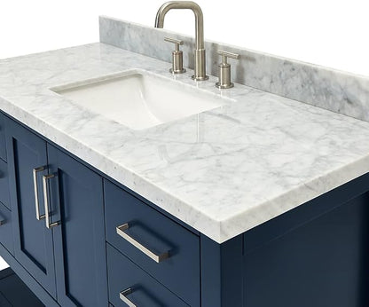 Olivia 48" Midnight Blue Bathroom Vanity with Sink, 1.5" Italian Carrara Marble Countertop, Rectangular Undermount Sink, 2 Soft Closing Doors, 6 Dovetail Drawers, Brushed Nickel