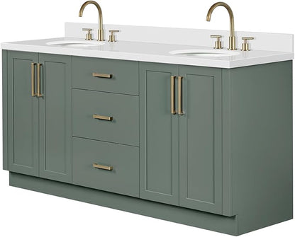 ARIEL Loren 72-inch Bathroom Vanity with Sink,Solid Wood, 1.5-inch Pure White Quartz Countertop, Double Oval Porcelain Sink, 4 Soft Closing Doors, 3 Dovetail Drawers, Vintage Green