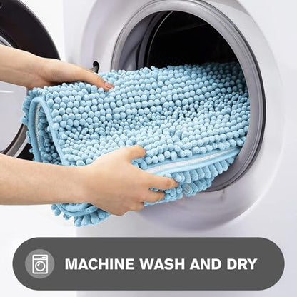 Light Blue Bathroom Rugs – Absorbent and Washable Bath Mat, Non-Slip, Thick Soft Chenille Bath Rugs for Bathroom Floor, Shower, Sink - 24" x 36"